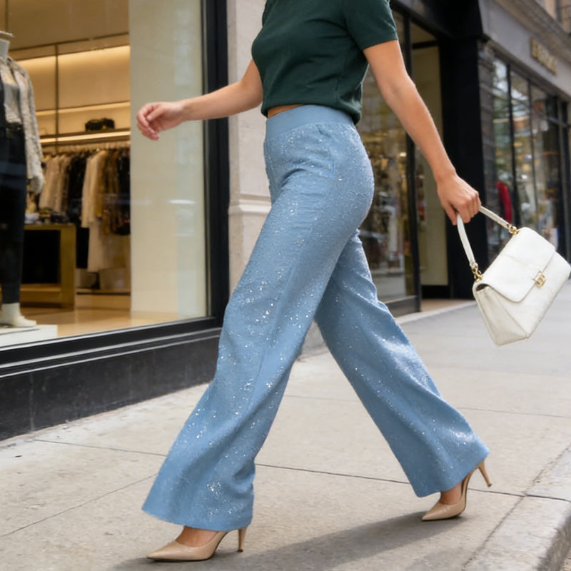 🌟✨ Glitzernde Hose mit hohem Bund – Gerades Bein für perfekte Passform & nachhaltigen Stil! 💫👖 Alltagseleganz mit bewusstem Design.