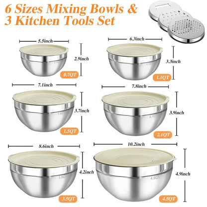 🔪🥣 Edelstahl-Schüsseln Set 6-teilig + 3 Raspelaufsätze 🧀🥕 50% Rabatt Spezialangebot – Vielseitige Küchenhelfer zum Zerkleinern, Mixen & Aufbewahren – Platzsparend & langlebig für den täglichen Gebrauch