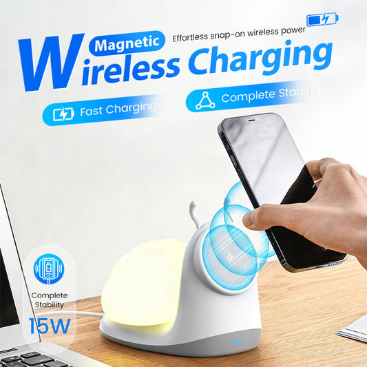 🐌💡 15W Magnetische Schnecken-Ladestation mit Nachtlicht – Schnellladen & Gemütliches Licht für Deine Nacht 🌙🔋 Intelligentes kabelloses Laden, stilvoll & praktisch im Schlafzimmer.