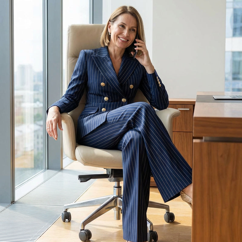 👩‍💼 Damen-Doppelreihiges Pinstripe-Sakko – Taillierte Passform, Elegantes Business-Outfit & Premium-Stoff für Vertrauen ✨