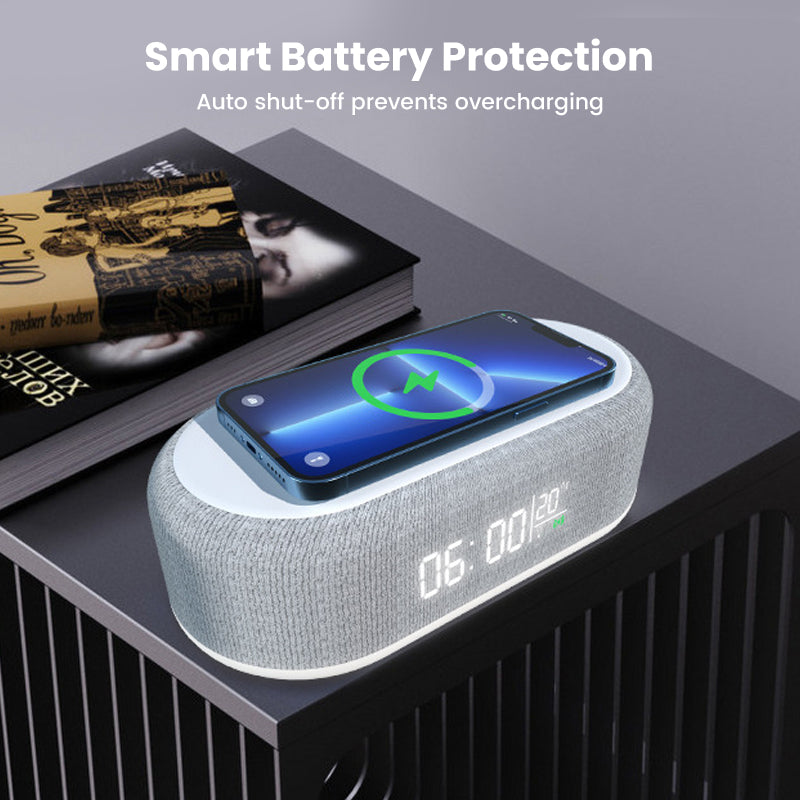 🌞🔋 6-in-1 Kabellose Ladestation 25W: Wecker, Bluetooth-Lautsprecher & Nachtlicht 🌙✨ – Alles für deinen Nachttisch!