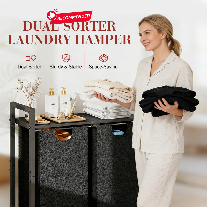 🧺👕 Dual-Sorter-Design Wäschesortierer mit abnehmbaren Wäschesäcken 🧼💧 – Stabiler Metallrahmen, inkl. praktischem Oberregal für Waschmittel & platzsparendem Aufbau für Ihre Waschecke
