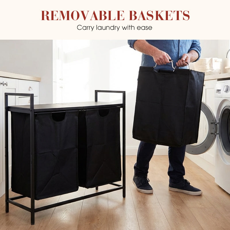 🧺👕 Dual-Sorter-Design Wäschesortierer mit abnehmbaren Wäschesäcken 🧼💧 – Stabiler Metallrahmen, inkl. praktischem Oberregal für Waschmittel & platzsparendem Aufbau für Ihre Waschecke