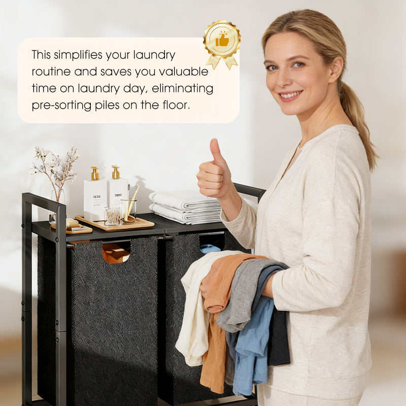 🧺👕 Dual-Sorter-Design Wäschesortierer mit abnehmbaren Wäschesäcken 🧼💧 – Stabiler Metallrahmen, inkl. praktischem Oberregal für Waschmittel & platzsparendem Aufbau für Ihre Waschecke