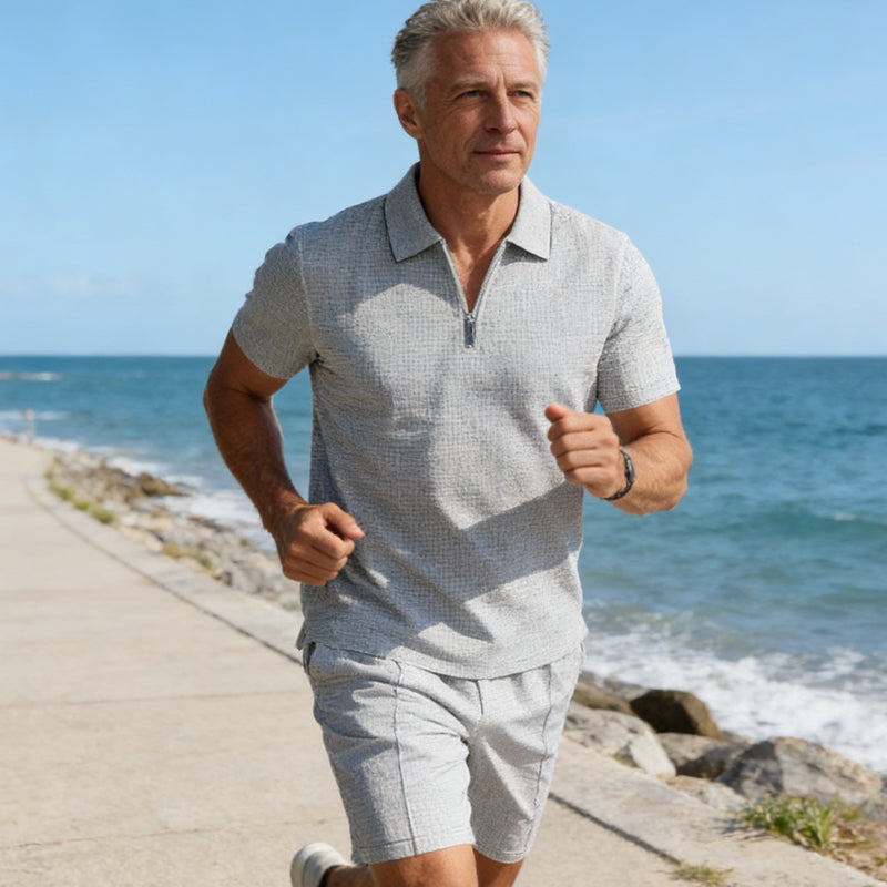 🌊☀️ Sommerliche Freizeit Kombination aus Kurzarm-Hemd mit Reißverschluss und Shorts 👕🩳 atmungsaktiv, schnelltrocknend & ideal für Urlaub und Garten