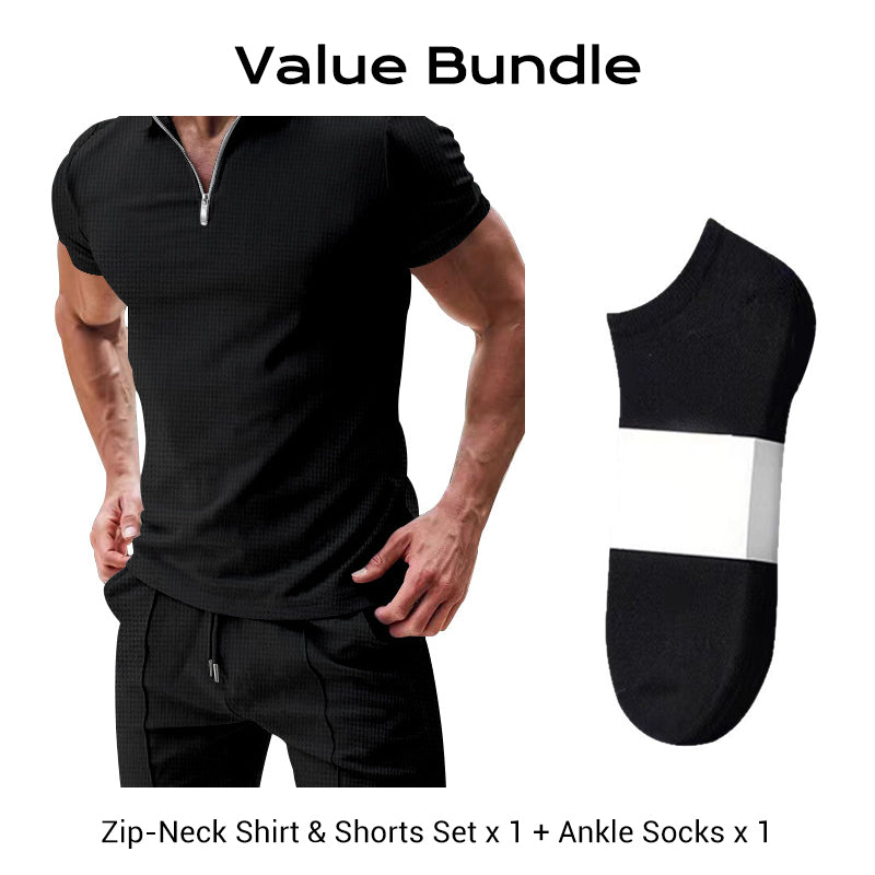 🌊☀️ Sommerliche Freizeit Kombination aus Kurzarm-Hemd mit Reißverschluss und Shorts 👕🩳 atmungsaktiv, schnelltrocknend & ideal für Urlaub und Garten