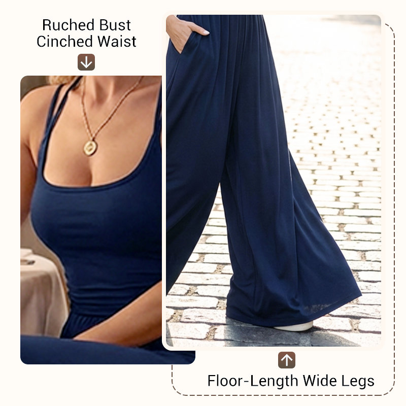 ☀️ Damen Sommer-Jumpsuit – Spaghettiträger, geraffte Taille, weites Bein, atmungsaktiv & figurbetont, S–XL