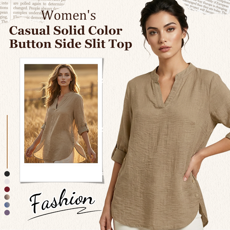 👗✨ Lässiges einfarbiges Oberteil mit seitlichem Schlitz und Knöpfen – vielseitig kombinierbar für jeden Tag. 🌿👚 Perfekt für einen mühelosen, stylischen Look. Ideal für Büro, Freizeit oder besondere Anlässe. Jetzt entdecken und Lieblingsteil sichern!
