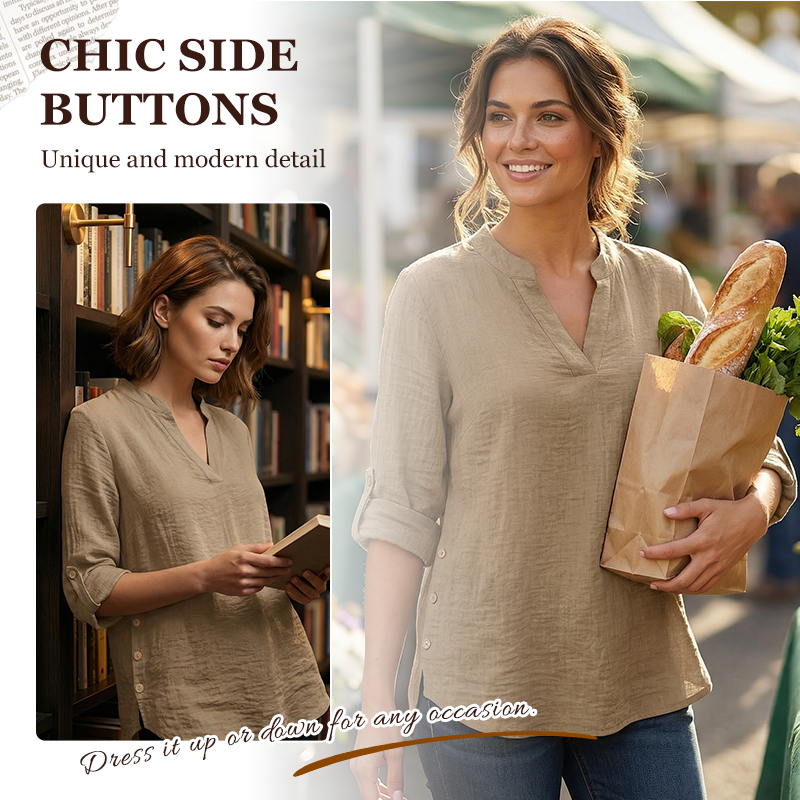 👗✨ Lässiges einfarbiges Oberteil mit seitlichem Schlitz und Knöpfen – vielseitig kombinierbar für jeden Tag. 🌿👚 Perfekt für einen mühelosen, stylischen Look. Ideal für Büro, Freizeit oder besondere Anlässe. Jetzt entdecken und Lieblingsteil sichern!