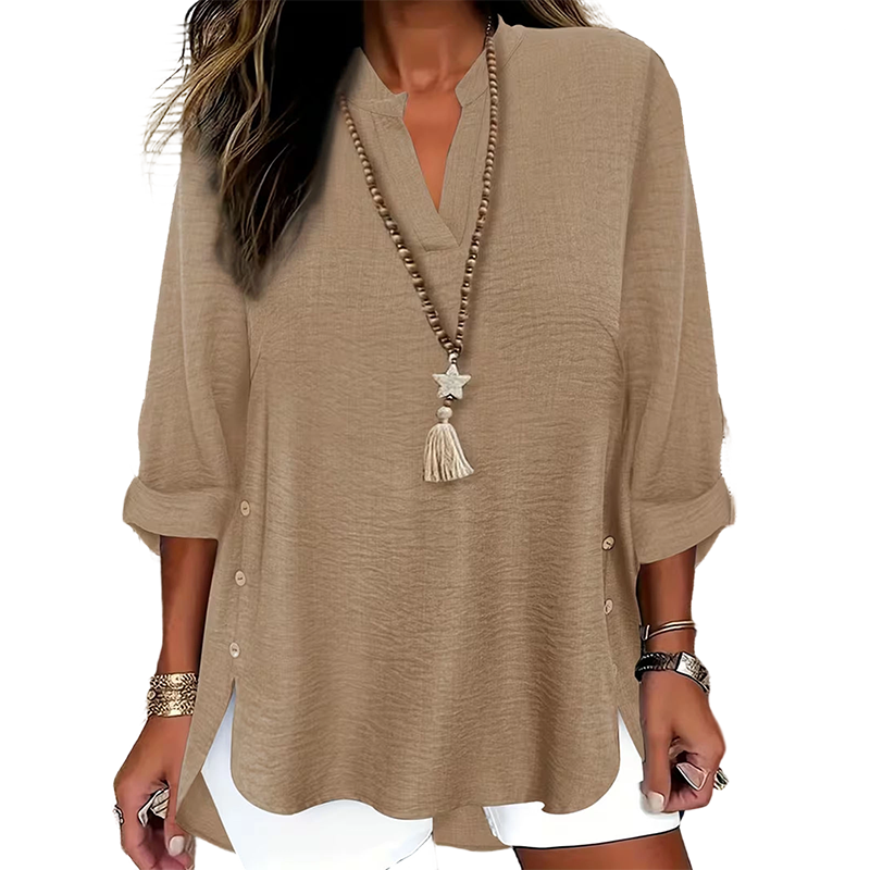 👗✨ Lässiges einfarbiges Oberteil mit seitlichem Schlitz und Knöpfen – vielseitig kombinierbar für jeden Tag. 🌿👚 Perfekt für einen mühelosen, stylischen Look. Ideal für Büro, Freizeit oder besondere Anlässe. Jetzt entdecken und Lieblingsteil sichern!