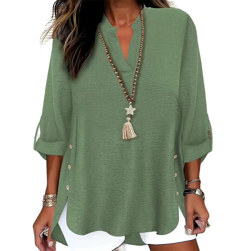 👗✨ Lässiges einfarbiges Oberteil mit seitlichem Schlitz und Knöpfen – vielseitig kombinierbar für jeden Tag. 🌿👚 Perfekt für einen mühelosen, stylischen Look. Ideal für Büro, Freizeit oder besondere Anlässe. Jetzt entdecken und Lieblingsteil sichern!