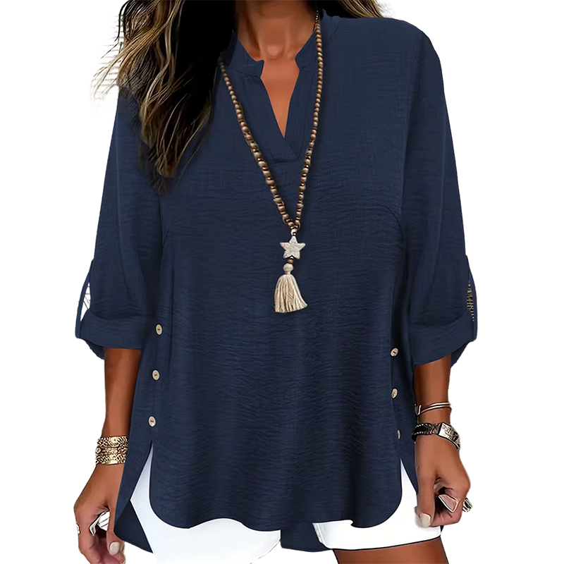 👗✨ Lässiges einfarbiges Oberteil mit seitlichem Schlitz und Knöpfen – vielseitig kombinierbar für jeden Tag. 🌿👚 Perfekt für einen mühelosen, stylischen Look. Ideal für Büro, Freizeit oder besondere Anlässe. Jetzt entdecken und Lieblingsteil sichern!