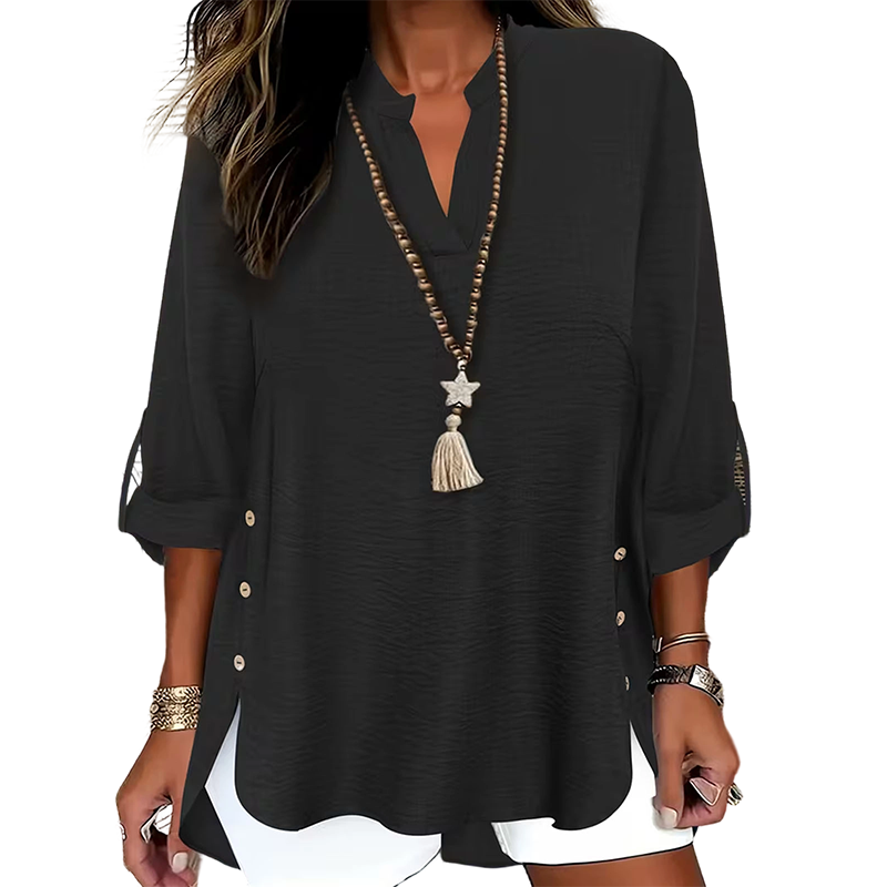 👗✨ Lässiges einfarbiges Oberteil mit seitlichem Schlitz und Knöpfen – vielseitig kombinierbar für jeden Tag. 🌿👚 Perfekt für einen mühelosen, stylischen Look. Ideal für Büro, Freizeit oder besondere Anlässe. Jetzt entdecken und Lieblingsteil sichern!