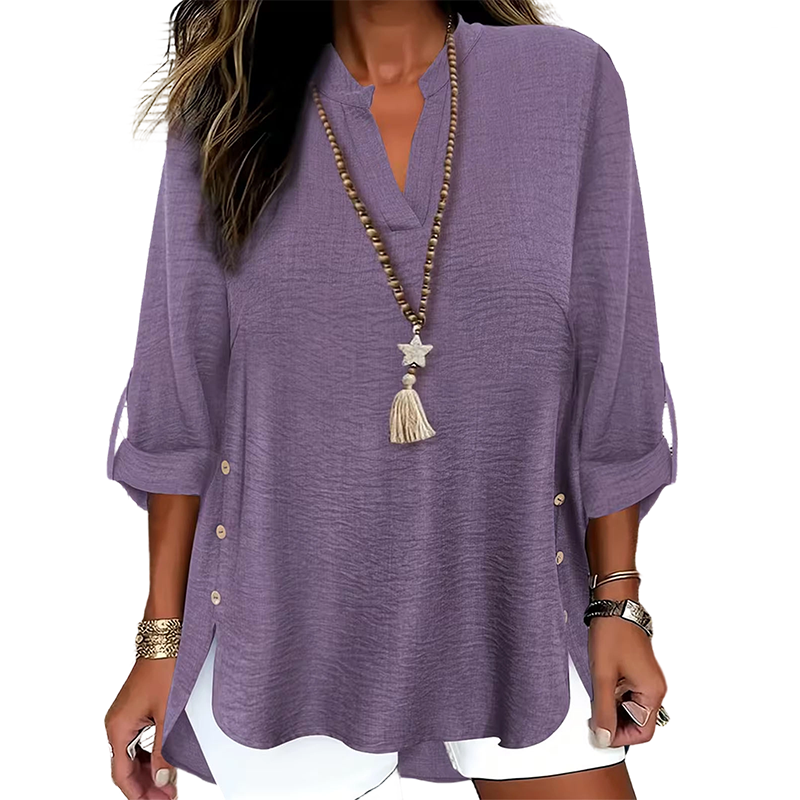 👗✨ Lässiges einfarbiges Oberteil mit seitlichem Schlitz und Knöpfen – vielseitig kombinierbar für jeden Tag. 🌿👚 Perfekt für einen mühelosen, stylischen Look. Ideal für Büro, Freizeit oder besondere Anlässe. Jetzt entdecken und Lieblingsteil sichern!