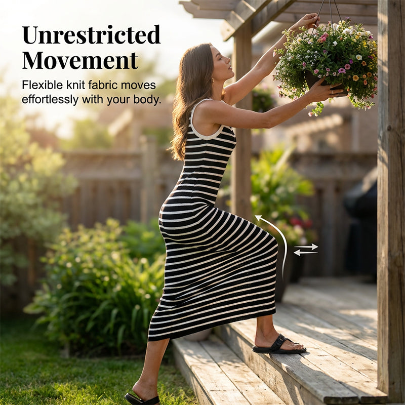 🧵👗 Ärmelloses Rippstrickkleid im Streifen-Design ✨👚 Perfekt für den Sommer: atmungsaktiv, figurbetont & vielseitig kombinierbar. Ideal für Büro oder Freizeit. Jetzt entdecken!