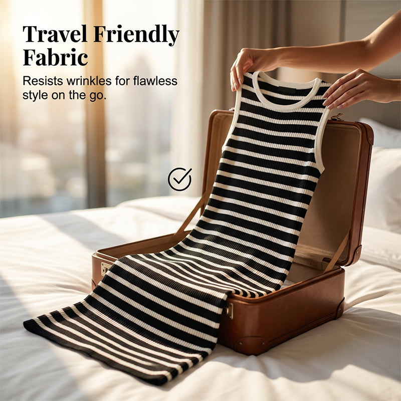 🧵👗 Ärmelloses Rippstrickkleid im Streifen-Design ✨👚 Perfekt für den Sommer: atmungsaktiv, figurbetont & vielseitig kombinierbar. Ideal für Büro oder Freizeit. Jetzt entdecken!