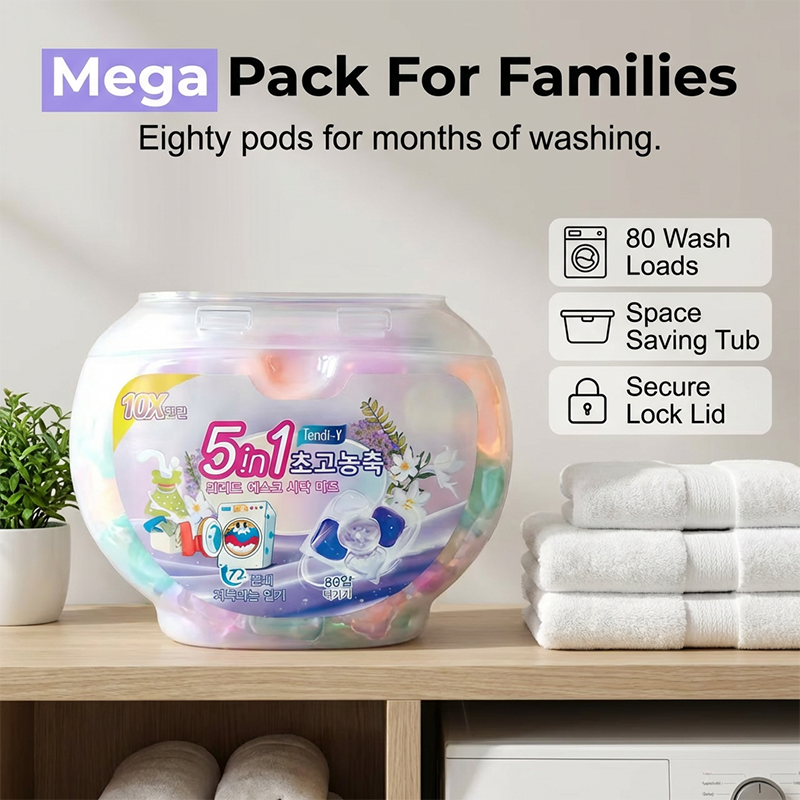 🌸🧺 5-in-1 Waschmittelkapseln mit weißem Moschus – entfernt Flecken & schont Fasern ✨💧 80 Stück, langanhaltend frisch, ideal für Haushalt & Reise.