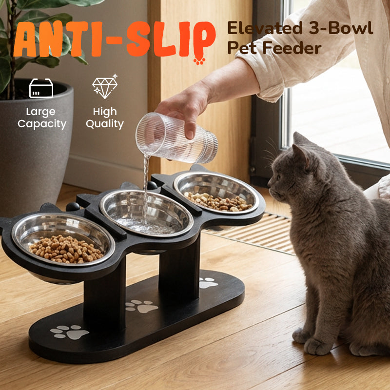 🐾🛡️ Rutschfester, erhöhter Futtertrog mit 3 Schalen – sicheres, komfortables Fressen für Hunde & Katzen 😺🍽️ Ohne Verschütten, schont Gelenke – perfekt für Mehrfachhaustiere. Sofort bereit für tägliche Mahlzeiten!