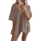 💃🌿 Damen V-Ausschnitt T-Shirt & luftige Shorts – 2-teiliges Freizeit-Set ☀️👖 Perfekt für warme Tage, atmungsaktiv, figurschmeichelnd. Jetzt shoppen & sparen!