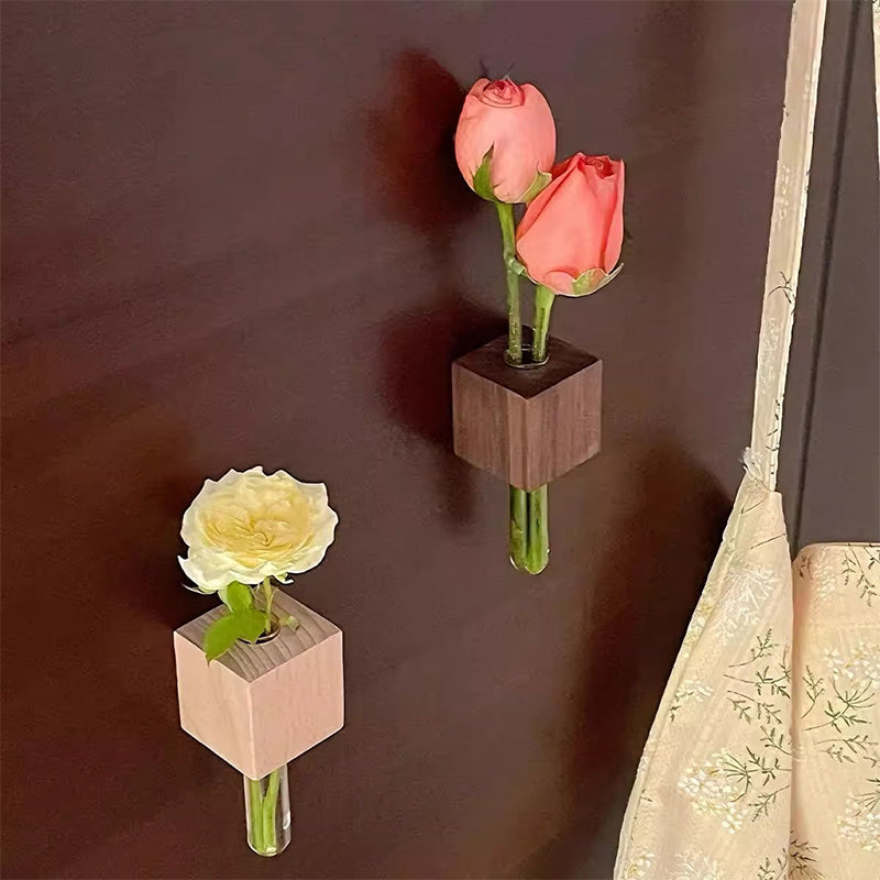 🧲🌳 Magnetische Holz-Vase mit Reagenzglas – schwebend, platzsparend, rustikal-modern 💧🔬 Ideal für Kräuter, Schnittblumen & DIY-Deko – einfach an Kühlschrank, Heizung oder Metallregal haften.