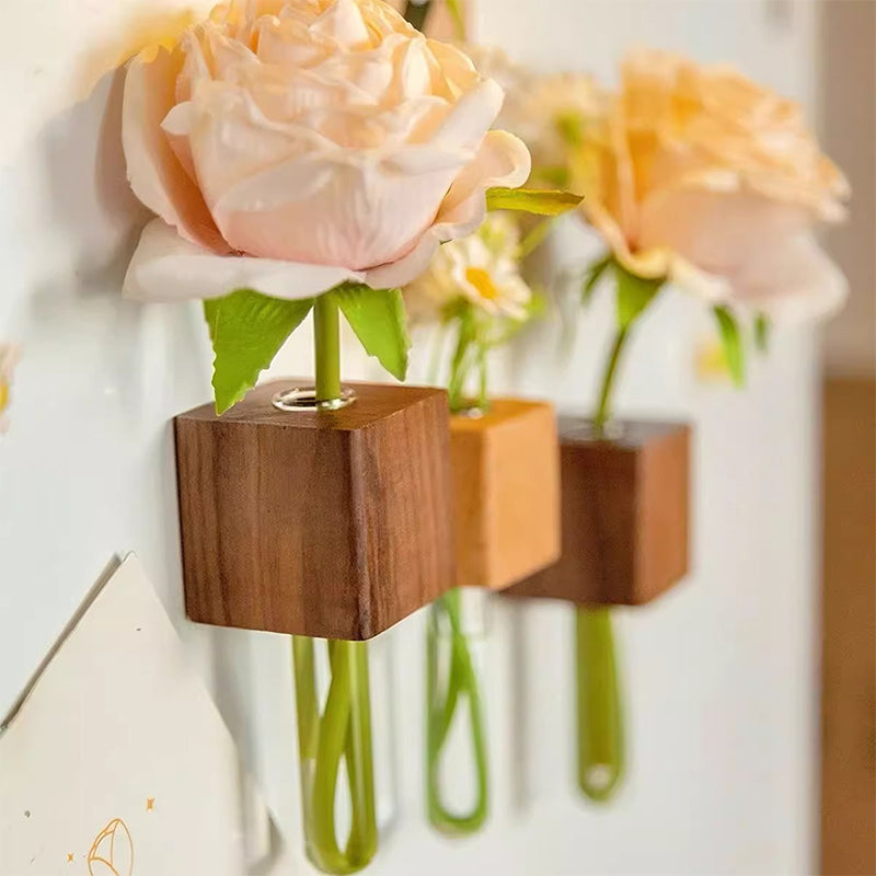 🧲🌳 Magnetische Holz-Vase mit Reagenzglas – schwebend, platzsparend, rustikal-modern 💧🔬 Ideal für Kräuter, Schnittblumen & DIY-Deko – einfach an Kühlschrank, Heizung oder Metallregal haften.