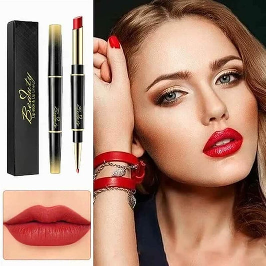 Doppelendiger Lippenstift, automatischer Lipliner, matt, wasserfest, nicht verblassender Antihaft-Lippenstift